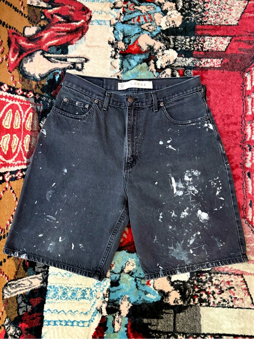 Arizona Jeans VTG late 90s Y2K loose fit paint splatter black denim jorts SZ 34